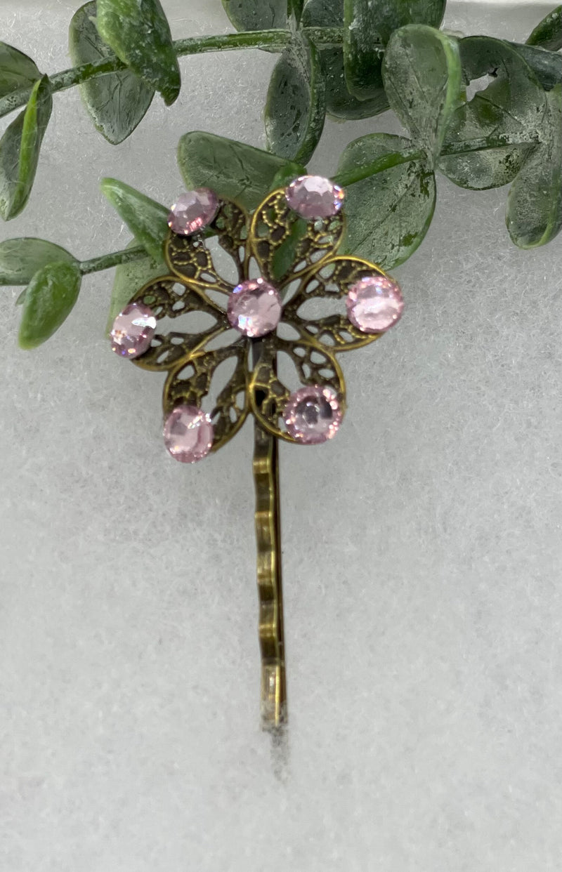 Pink crystal Antique vintage Style approximately 3.0” flower hair pin wedding engagement bride princess formal hair accessory