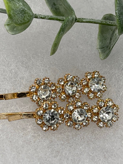 Clear crystal rhinestone approximately 2.0” gold tone hair pins 2 pc set wedding bridal shower engagement formal princess accessory accessories