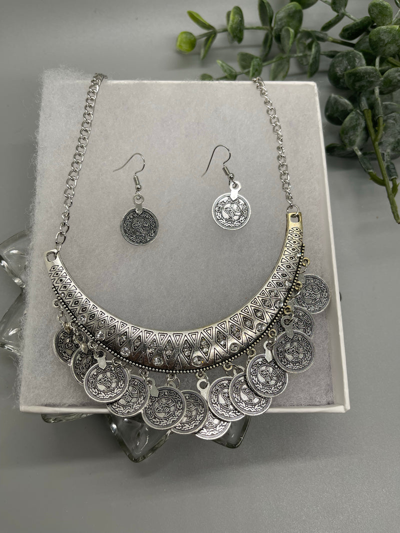 Silver coins necklace earrings set with rhinestone crystal free gift Box included