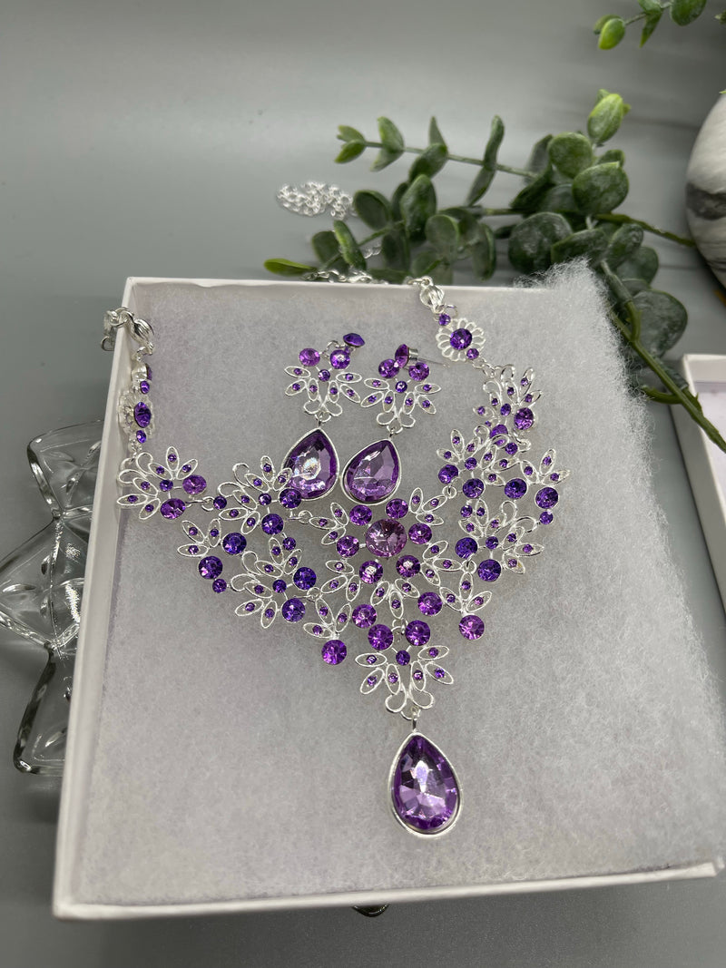 Lavender purple rhinestone crystal necklace earrings set Rhinestone Jewelry Sets earring necklace wedding engagement formal party Prom sweet 16 set