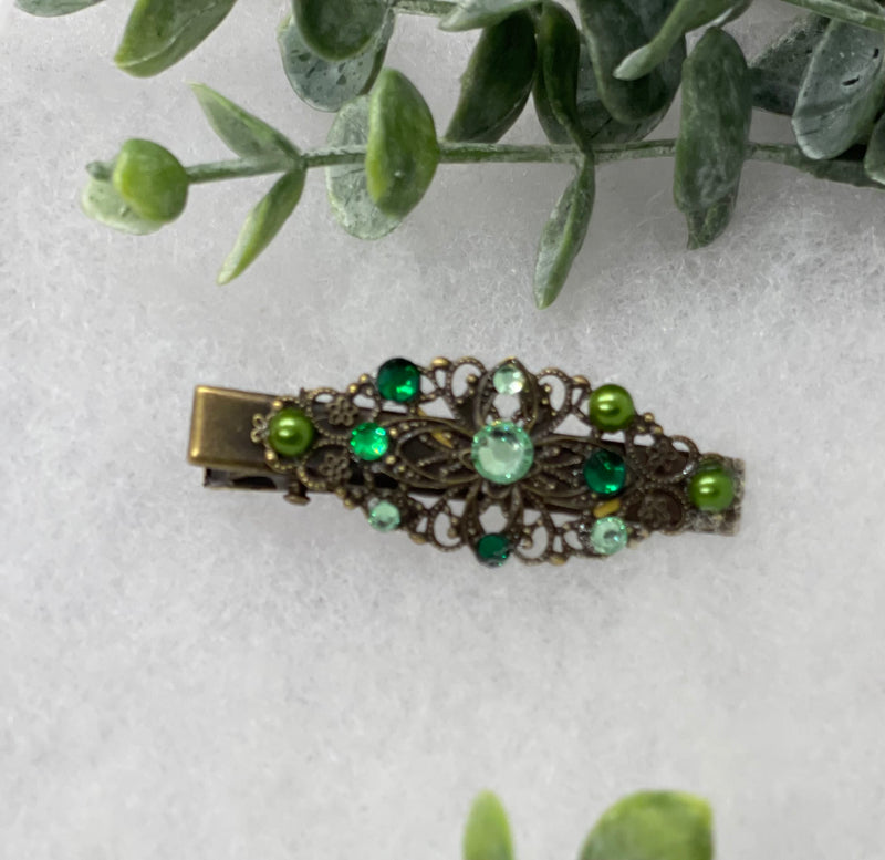 Green Pearl Crystal vintage antique style leaf hair alligator clip approximately 2.5” long Handmade hair accessory bridal wedding Retro