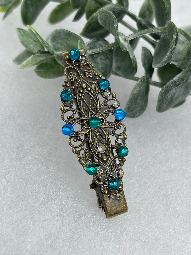 Teal blue crystal rhinestone 2.5” alligator clip  Antique vintage style bridal Wedding shower sweet 16 birthday princess bridesmaid hair accessory
