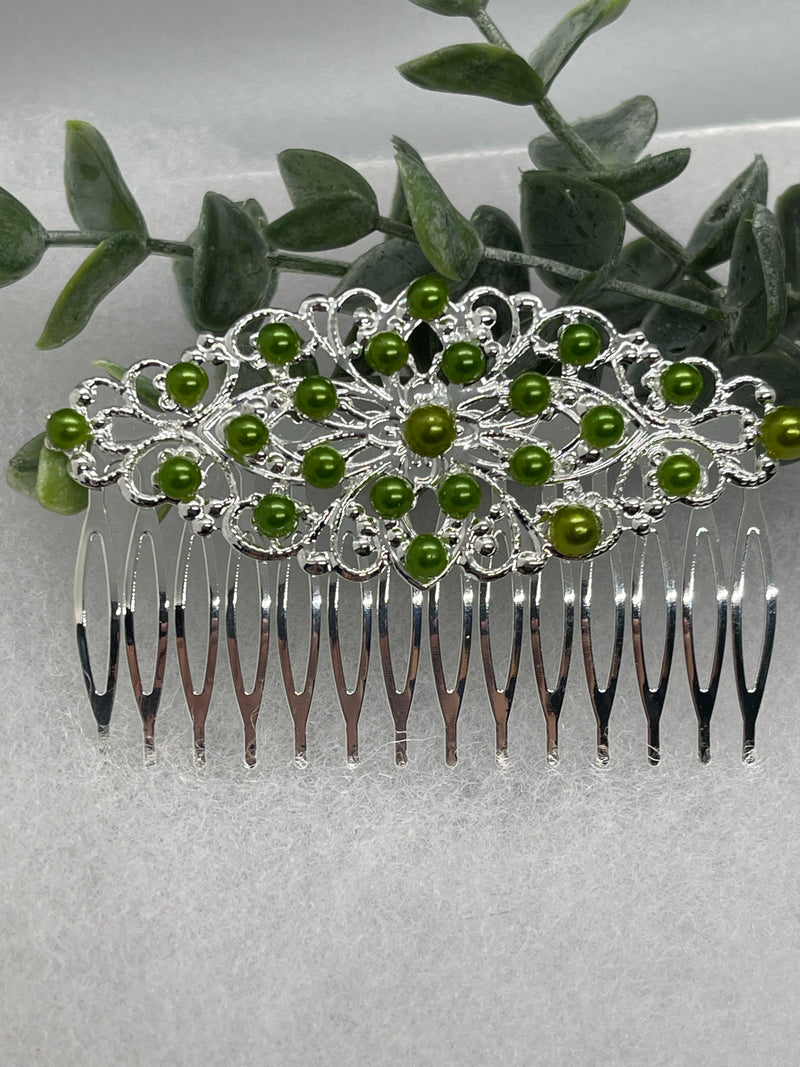 Green Pearl 3.5” side Comb silver Antique vintage style bridal Wedding shower sweet 16 birthday princess bridesmaid hair accessory