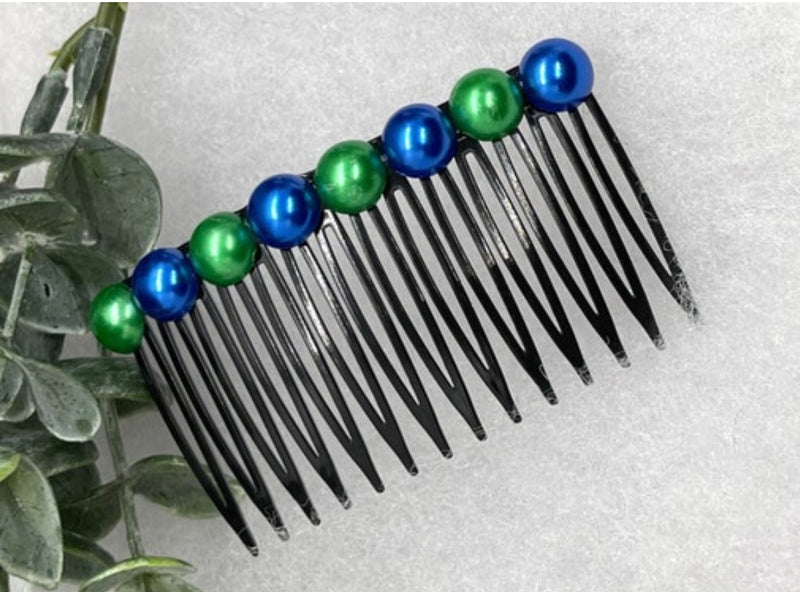 Royal blue Green faux pearl side comb approximately 3.5” long black plastic hair accessory bridal wedding Retro