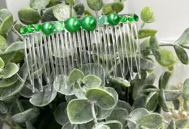 Emerald Green faux Pearl crystal side comb approximately 3.5” long plastic hair accessory bridal wedding Retro