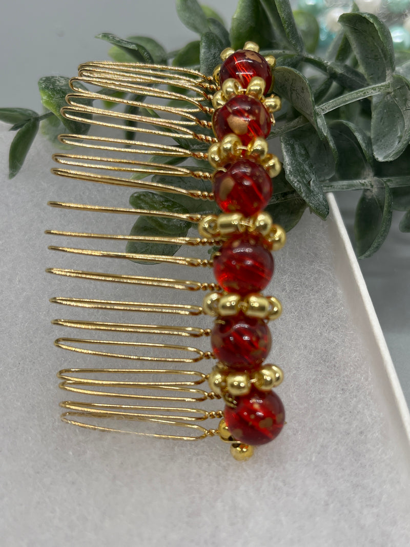 Marble Red gold beaded side Comb 3.5” gold Metal hair Accessories bridesmaid birthday princess wedding gift handmade accessories