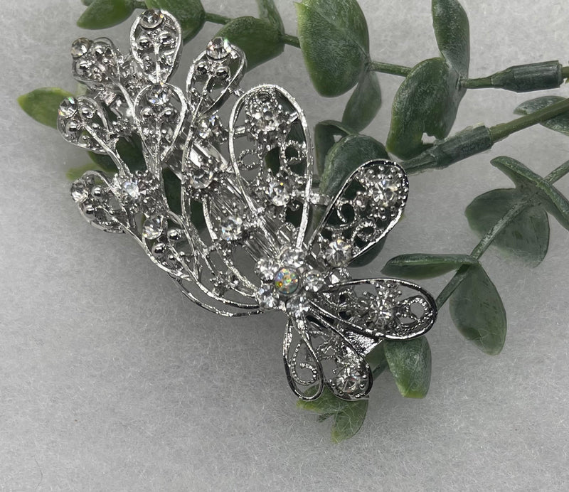 Elegant flower Clear  Crystal Rhinestone Barrette approximately 3.0”Metal silver   tone formal hair accessory gift wedding bridal shower accessories