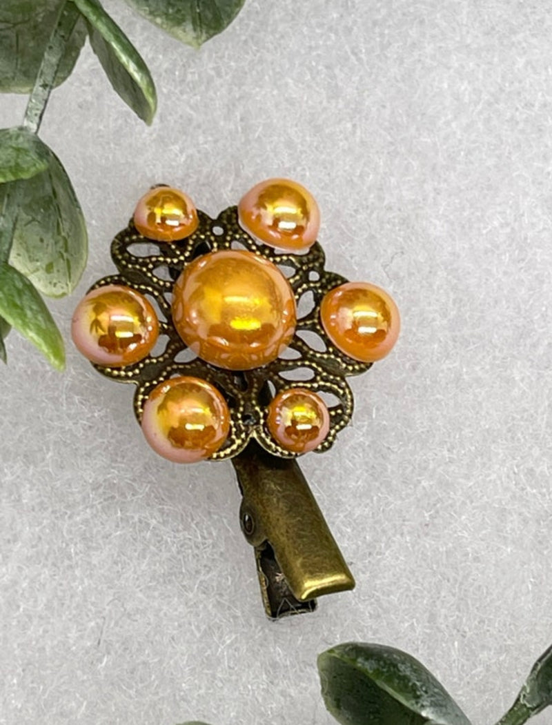 Orange Pearl Flower vintage antique style alligator clip approximately 2.0” long hair accessory bridal wedding Retro