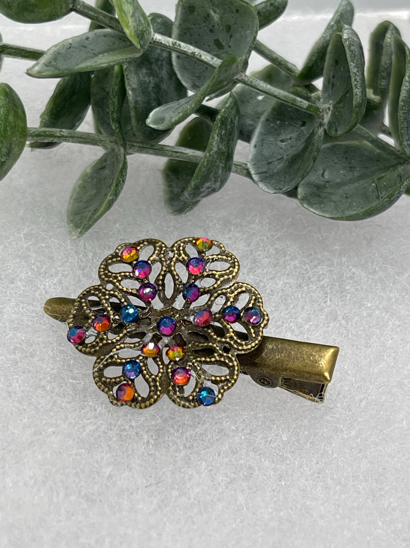 Rainbow crystal rhinestone flower 2.0”alligator clip Antique vintage style bridal Wedding shower sweet 16 birthday princess bridesmaid hair accessory