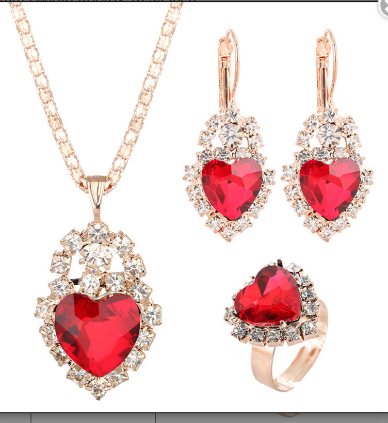 Red Crystal Jewelry Sets finger ring earring necklace Zinc Alloy Crystal Heart 3 pieces