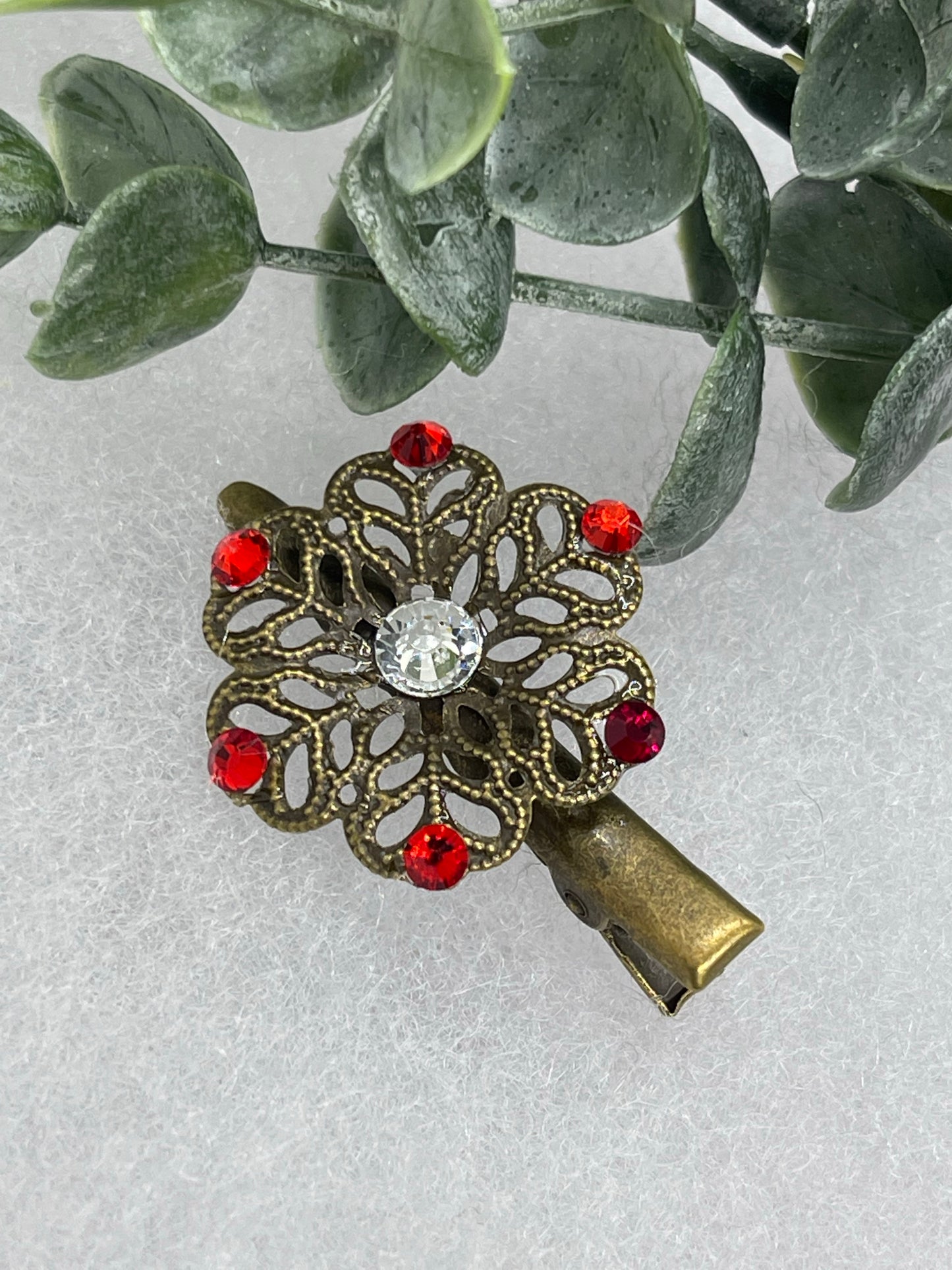 Red Crystal vintage antique style flower hair alligator clip approximately 2.0” long Handmade hair accessory bridal wedding Retro