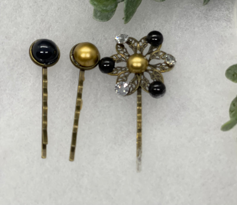 Crystal Black Gold faux pearl 3 pc set Antique vintage Style approximately 3.0” flower hair pin wedding engagement