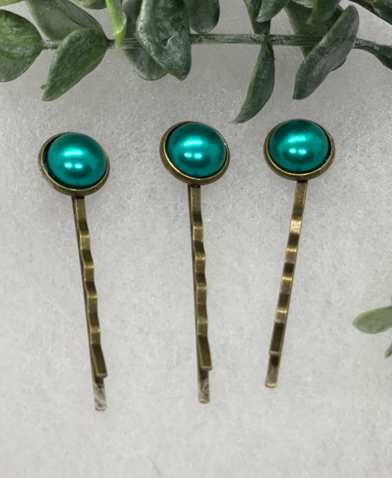 Teal faux pearl 3 pc set Antique vintage Style approximately 3.0” hair pin wedding engagement bride princess formal hair accessories