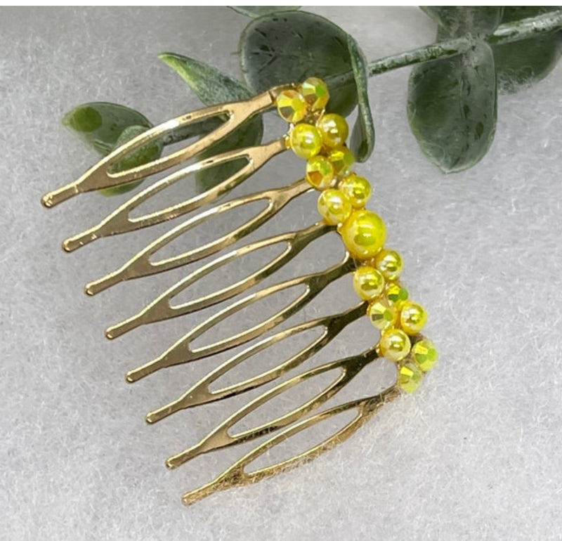 Yellow Crystal rhinestone hair comb accessory side  Comb 2.0” Metal side Comb