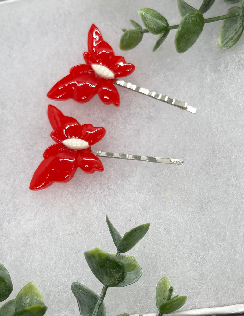 2 pc Red Butterfly hair pins approximately 2.0”silver tone formal hair accessory gift wedding bridal Hair accessory