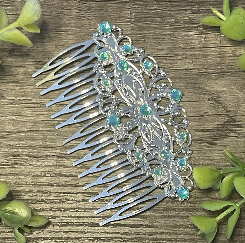 Aqua blue crystal rhinestone Comb on 3.5” silver Metal Hair Comb accessory Handmade Retro Bridal Party Prom