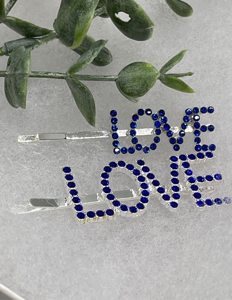 Blue Crystal Rhinestone 2 pc set hair pins LOVE letter