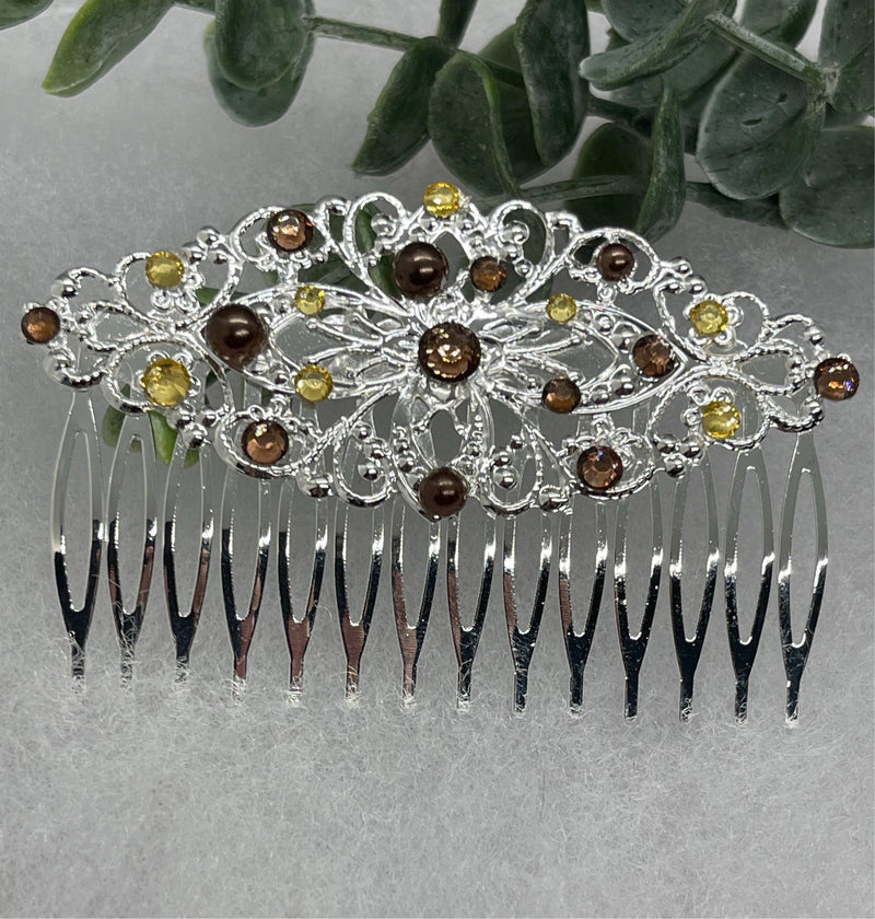 Brown yellow crystal rhinestone 3.5” silver side comb Antique vintage style bridal Wedding shower sweet 16 birthday princess bridesmaid hair accessory