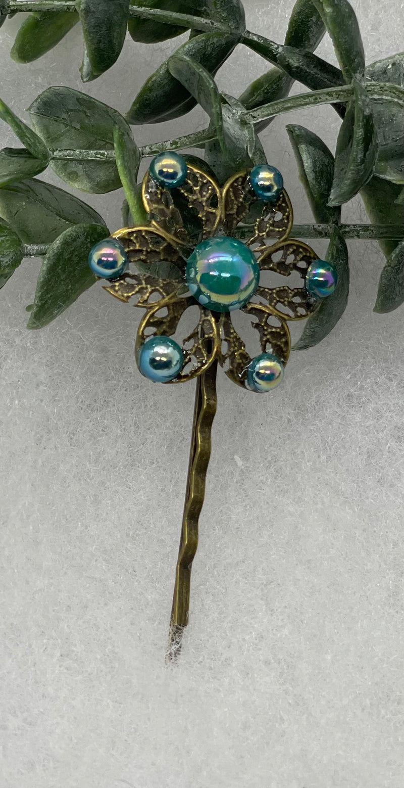 Teal iridescent pearl Antique vintage Style approximately 3.0” flower hair pin wedding engagement bride princess formal hair accessory