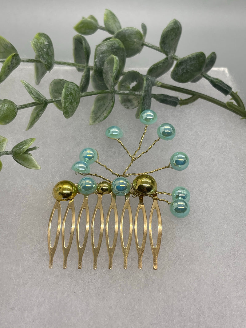 Mint Gold faux Pearl 2.0” gold tone bridal side Comb accents vine handmade by hairdazzze