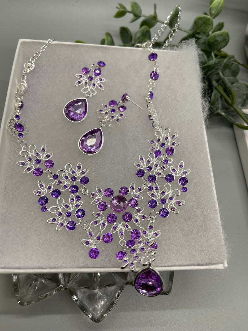 Lavender purple rhinestone crystal necklace earrings set Rhinestone Jewelry Sets earring necklace wedding engagement formal party Prom sweet 16 set