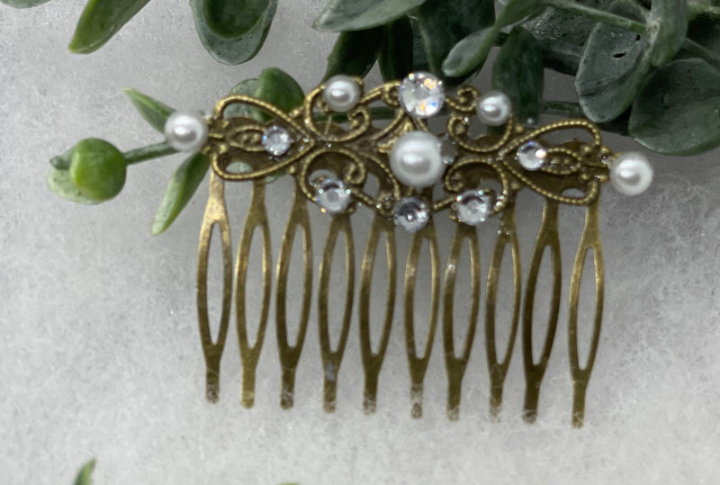 White crystal rhinestone pearl vintage style antique hair accessories gift birthday event formal bridesmaid  2.5” Metal side Comb