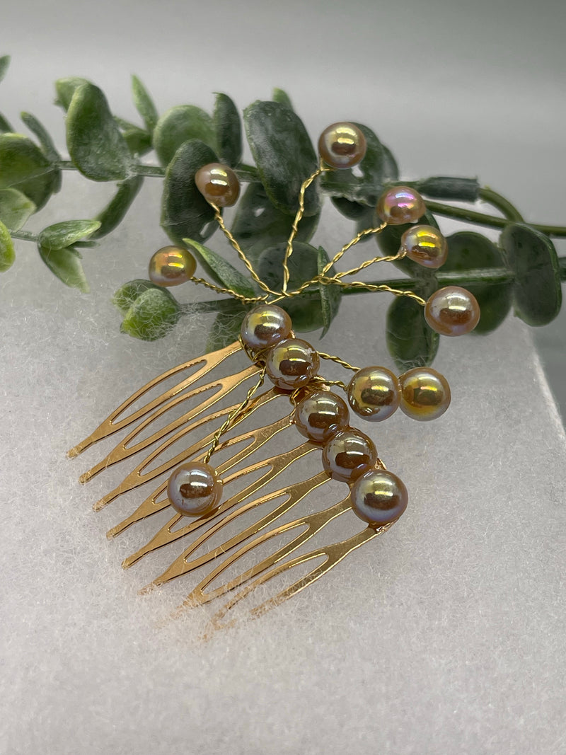 Champagne iridescent faux Pearl 2.0” gold tone bridal side Comb accents vine handmade by hairdazzzel wedding accessory bride princess gifts