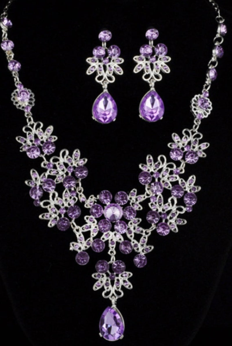 Lavender purple rhinestone crystal necklace earrings set Rhinestone Jewelry Sets earring necklace wedding engagement formal party Prom sweet 16 set