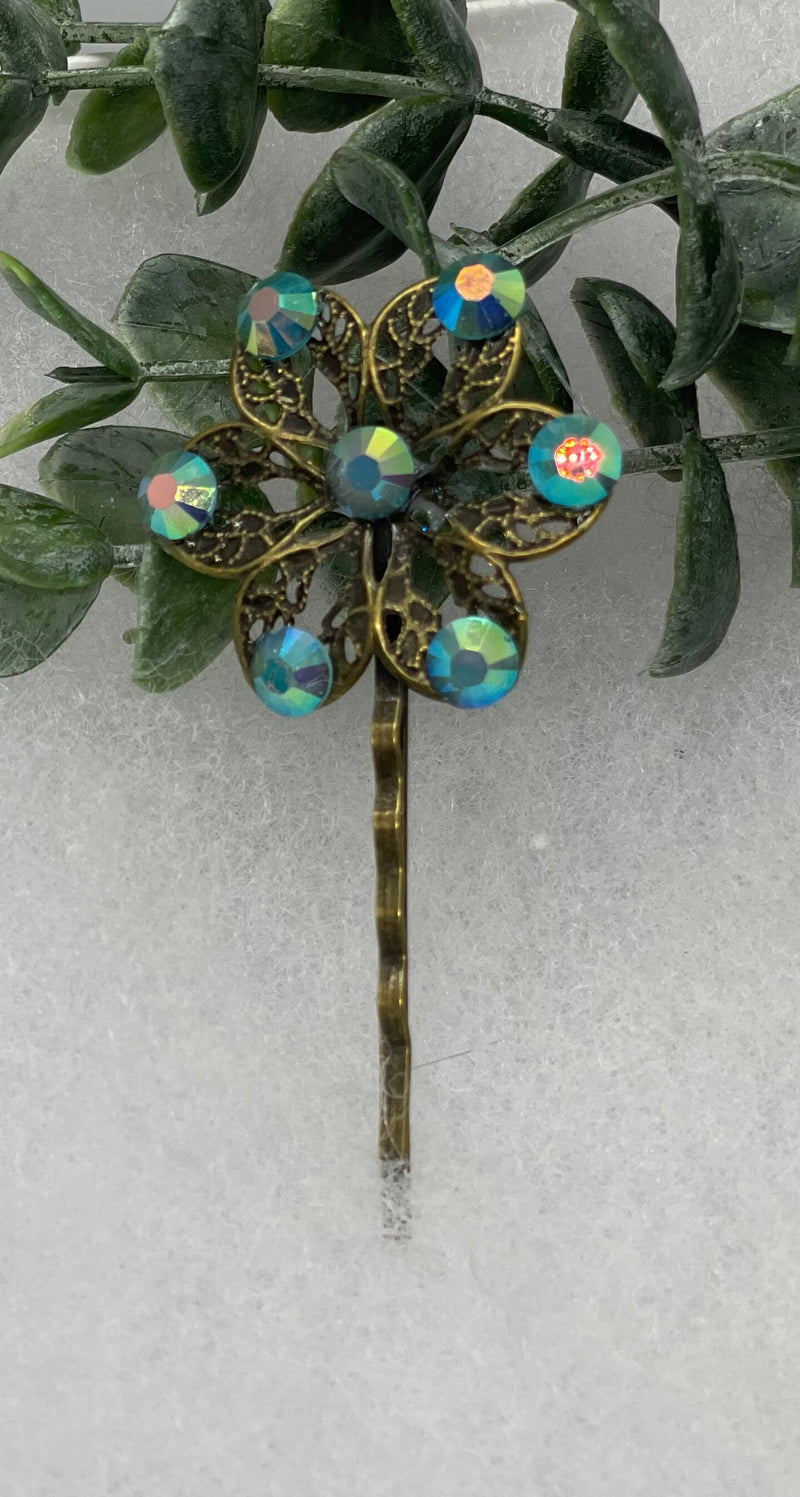 Teal crystal iridescent Antique vintage Style approximately 3.0” flower hair pin wedding engagement bride princess formal hair accessory