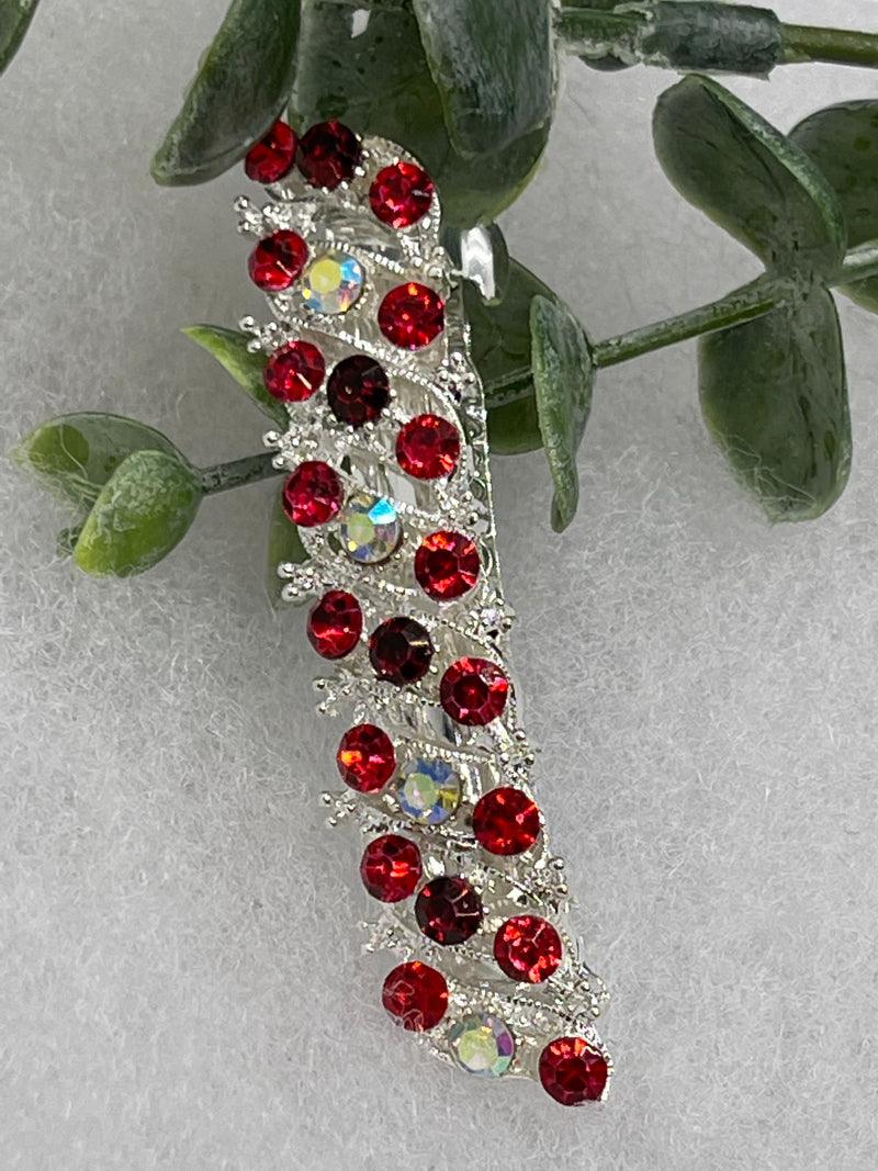 Red Crystal rhinestone barrette silver approximately 3.0” wedding bridal shower engagement formal princess accessory at