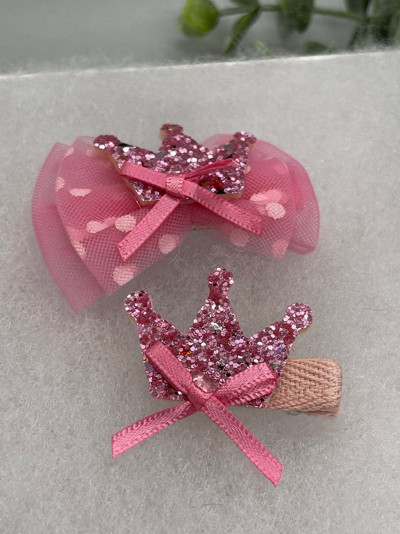 Pink Bow crown Girls hair clips 2 pc set pink 1.0” 1.5” alligator clips girls little girls hair accessory accessories jewelry