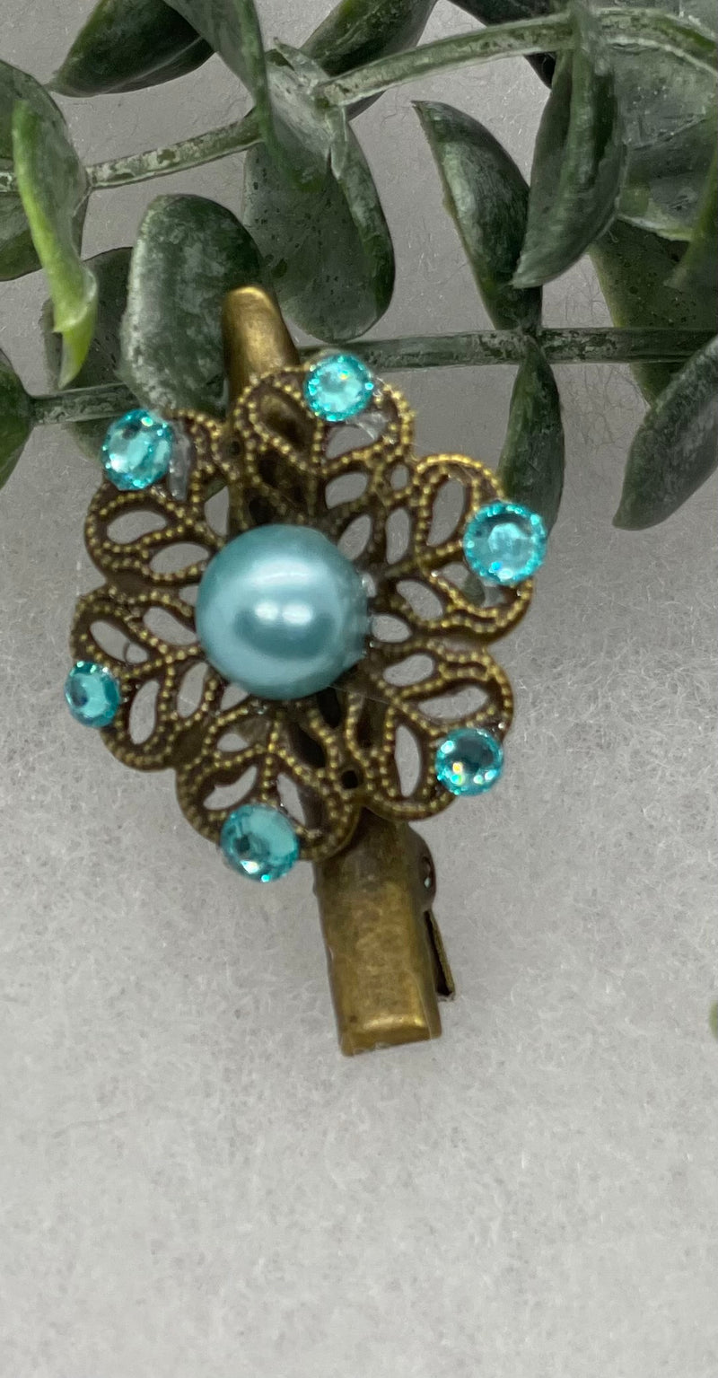 Blue crystal blue faux pearl vintage antique style flower hair alligator clip 2.0”