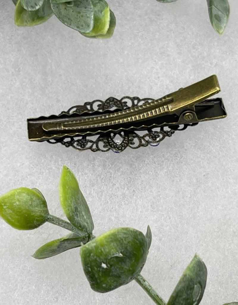 Royal blue crystal vintage antique style leaf hair alligator clip on a 2.5” bridesmaid wedding prom