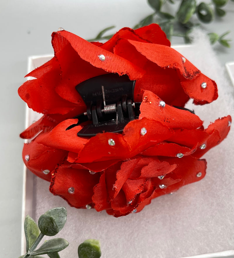 Red Rose flower crystal rhinestone embellished Claw Jaw clip approximately Large 5.0”W 4.0”L formal hair accessory wedding bridal engagement