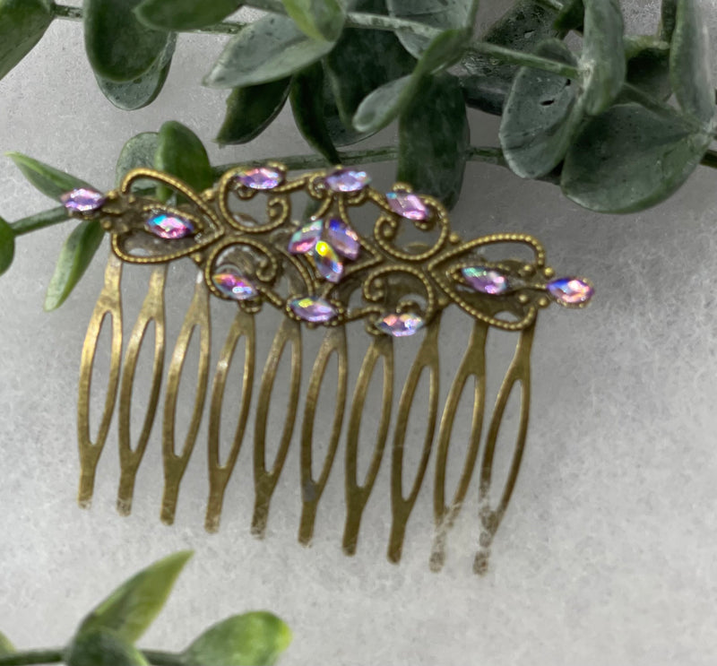 Lavender iridescent gel crystal vintage style antique hair accessories gift birthday event formal bridesmaid  2.5” Metal side Comb