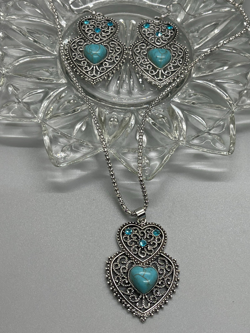 Antique vintage Turquoise hearts silver necklace earrings set