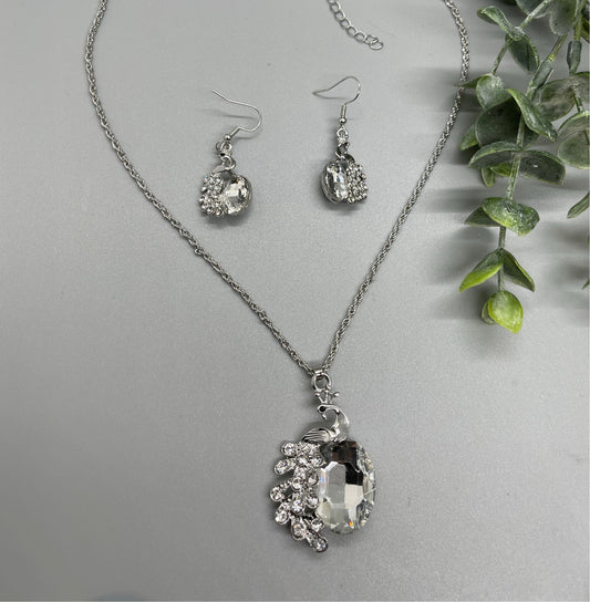Crystal rhinestone peacock silver necklace earrings  set bridesmaid gifts mother of the bride groom princess birthday gifts