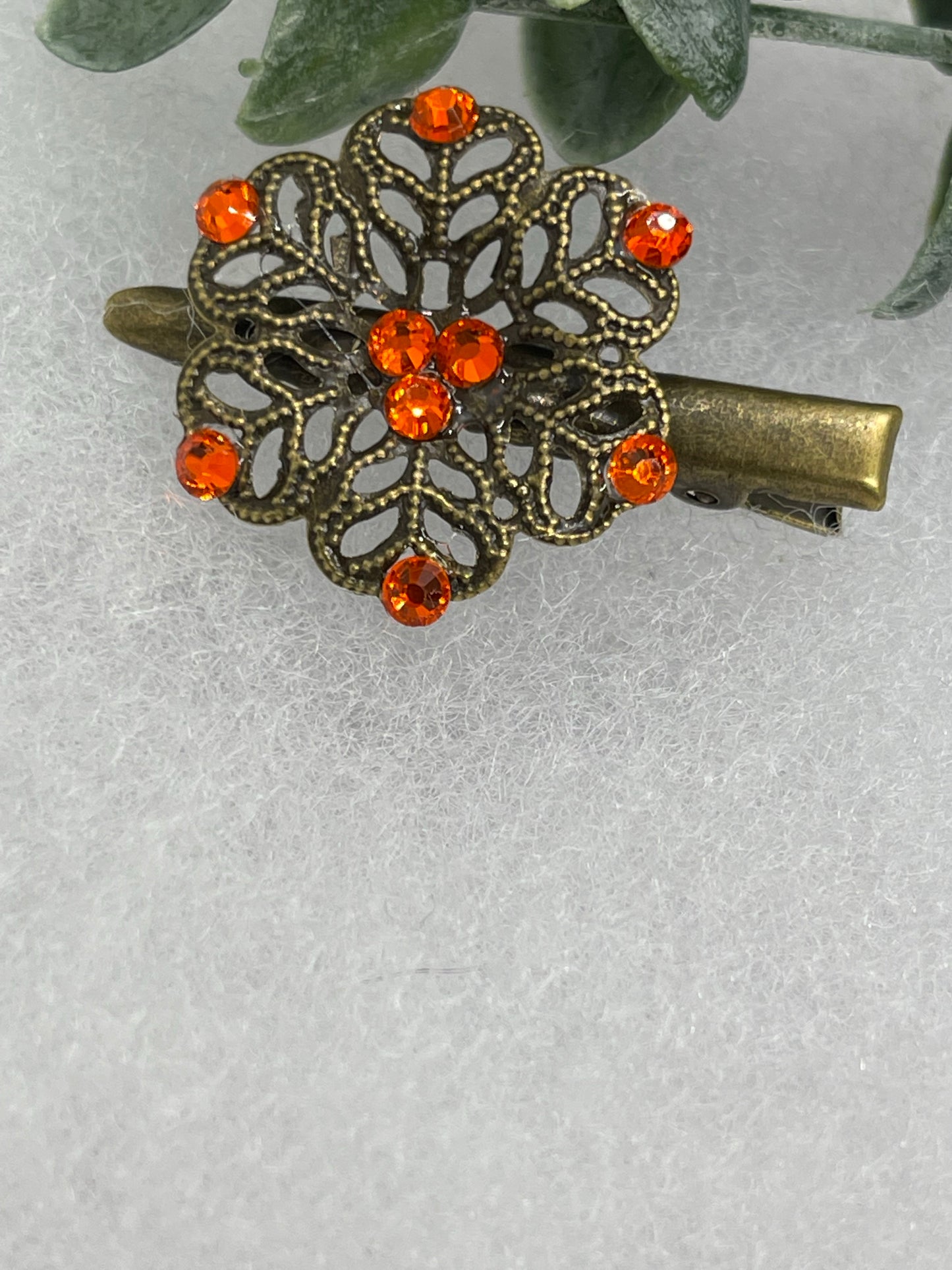 Orange Crystal vintage antique style flower hair alligator clip approximately 2.0” long Handmade hair accessory bridal wedding Retro