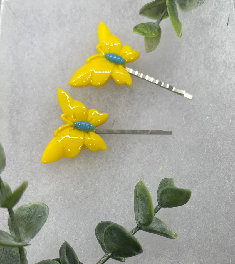 2 pc yellow Butterfly hair pins approximately 2.0”silver tone formal hair accessory gift wedding bridal Hair accessory