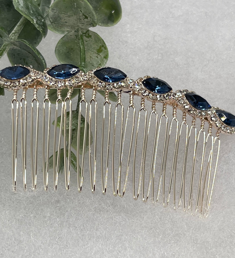 Luxe Blue crystal Rhinestone Hair 3.5”Comb Rose Gold wedding hair accessory bride princess shower engagement formal accessory