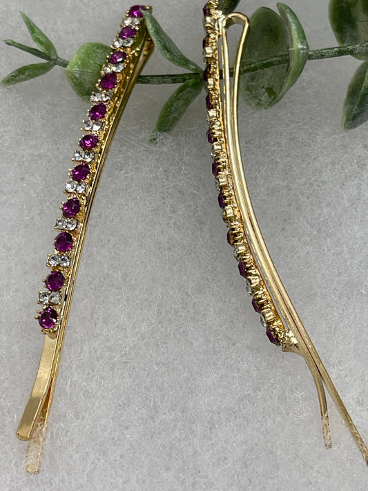 Purple crystal rhinestone approximately 3.5” large gold tone hair pins 2 pc set wedding bridal shower engagement formal princess accessory accessories