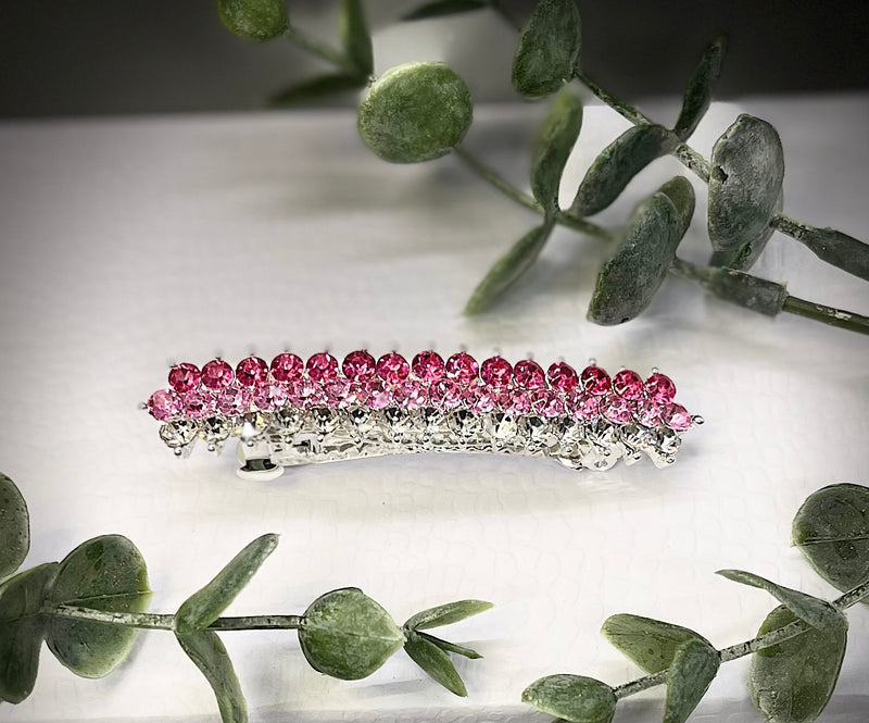 Pink Crystal rhinestone barrette approximately 3.0” silver tone formal hair accessories gift wedding bridesmaid princess