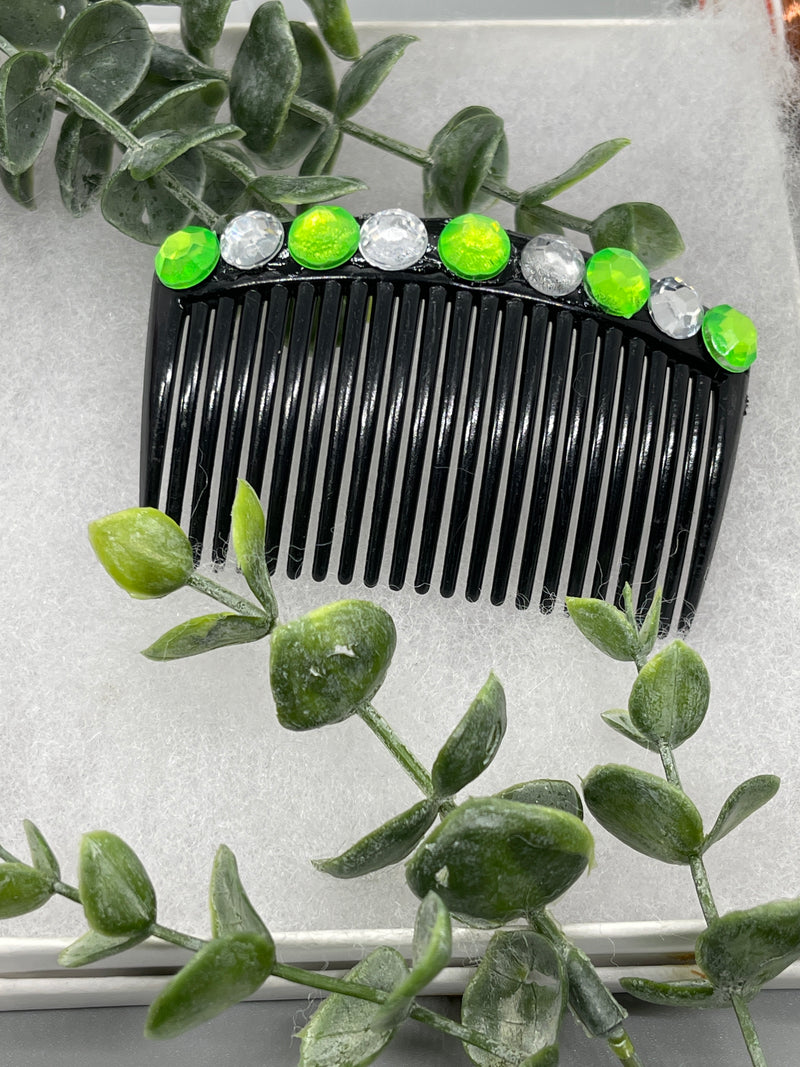 Lime green  faux crystal rhinestone side comb 3.5” black plastic hair accessory bridal wedding Retro Bridal Party Prom Birthday gifts