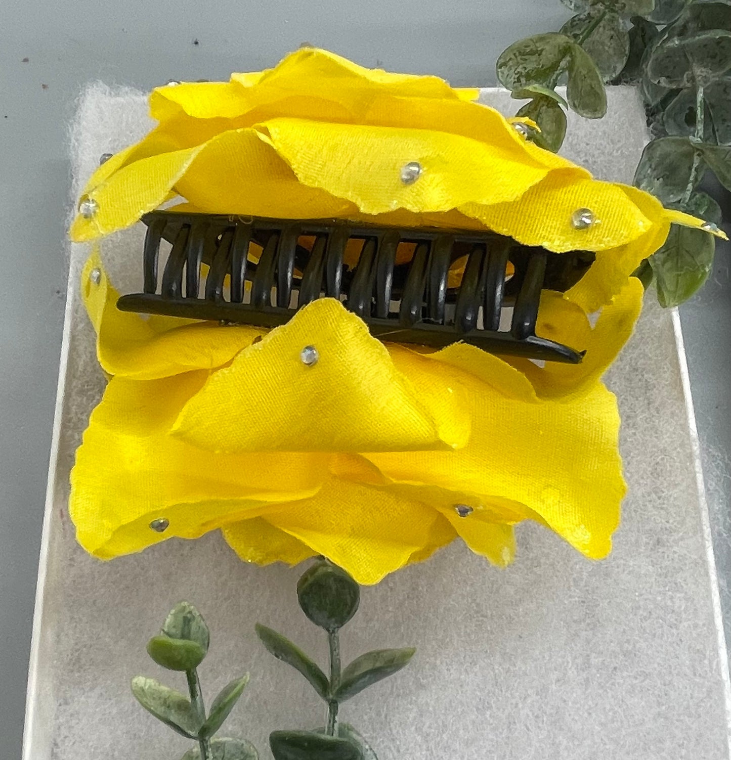 Yellow Rose flower crystal rhinestone embellished Claw Jaw clip approximately Large 5.0”W 4.0”L formal hair accessory wedding bridal