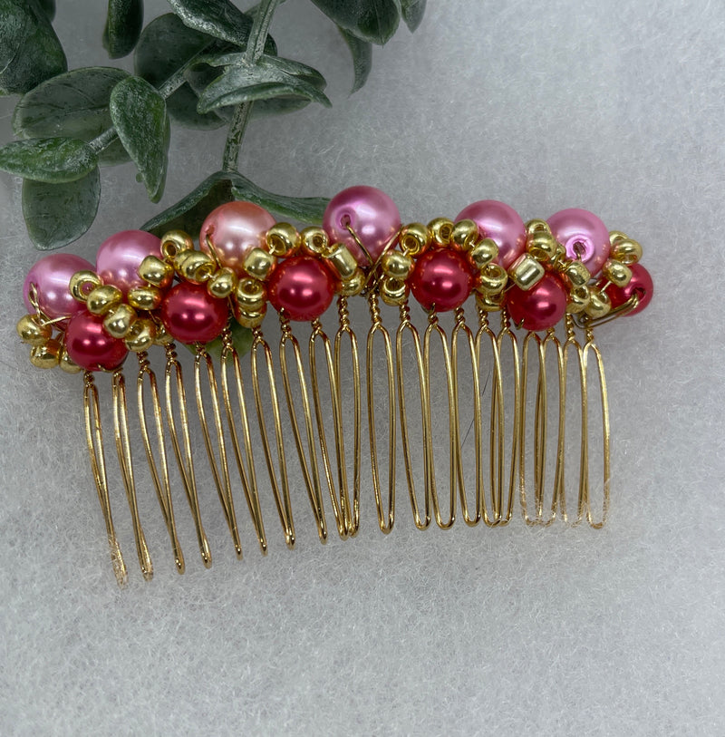 Pink gold beaded side Comb 3.5” gold Metal hair Accessories bridesmaid birthday princess wedding gift handmade accessories