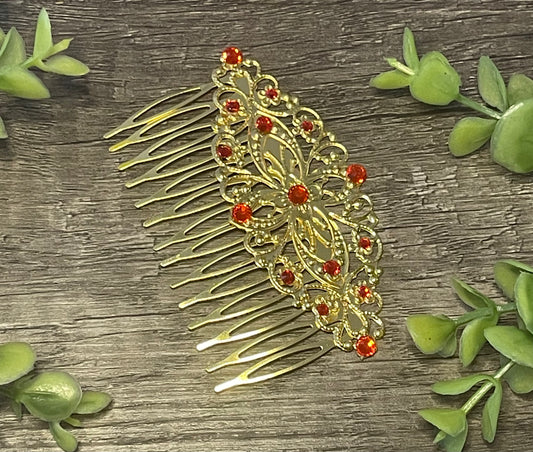 Ruby Red crystal rhinestone Comb on 3.5” Gold Metal Hair Comb accessory Handmade Retro Bridal Prom birthday wedding bridal gift