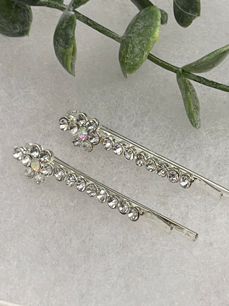 Clear crystal rhinestone approximately 2.0” silver tone hair pins 2 pc set wedding bridal shower engagement formal princess accessory accessories