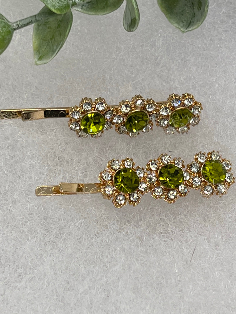 Green crystal rhinestone approximately 2.0” gold tone hair pins 2 pc set wedding bridal shower engagement formal princess accessory accessories