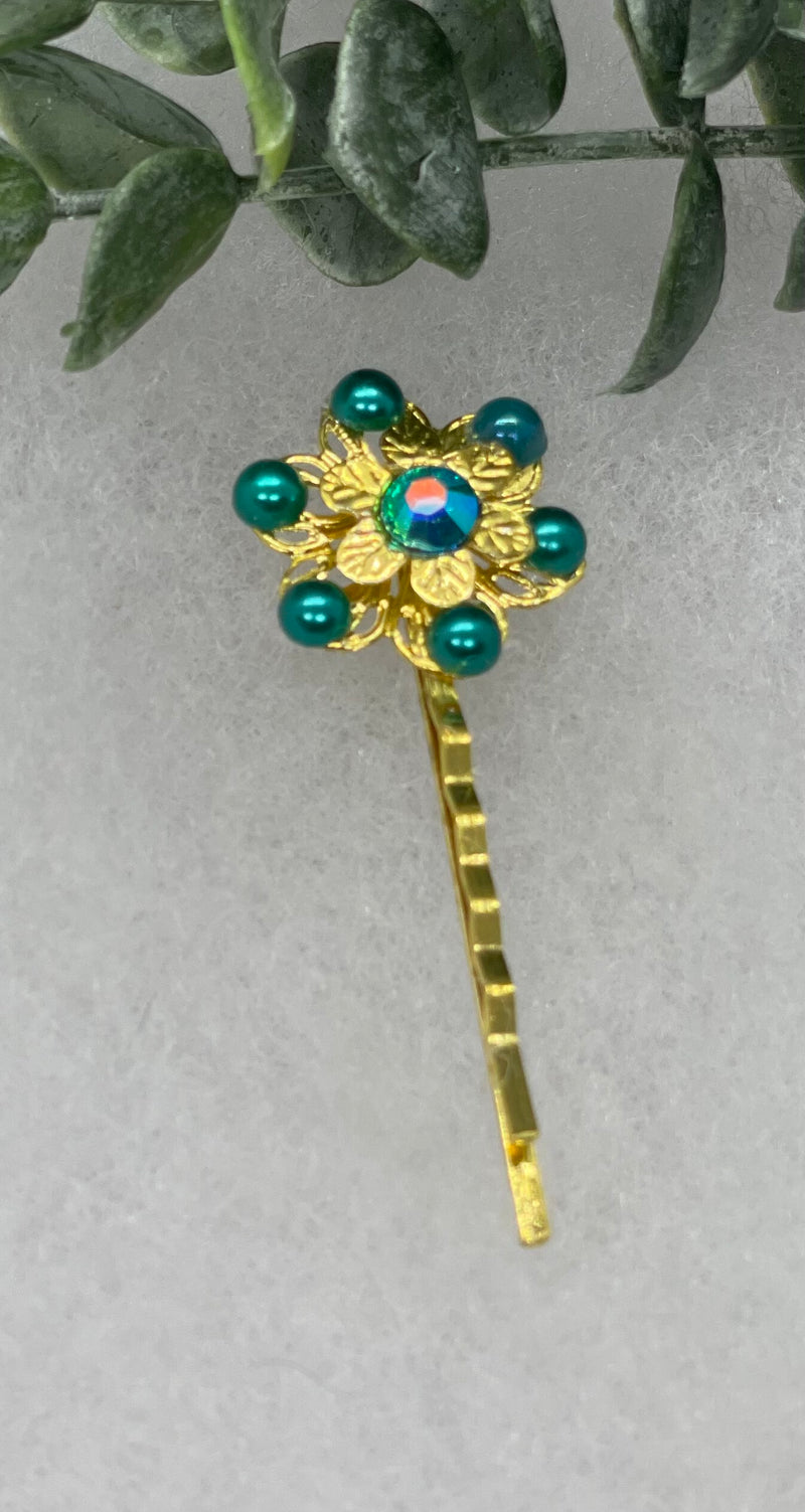 Teal Pearl crystal Gold Antique vintage Style approximately 3.0” flower hair pin wedding engagement bride princess formal hair accessory accessories