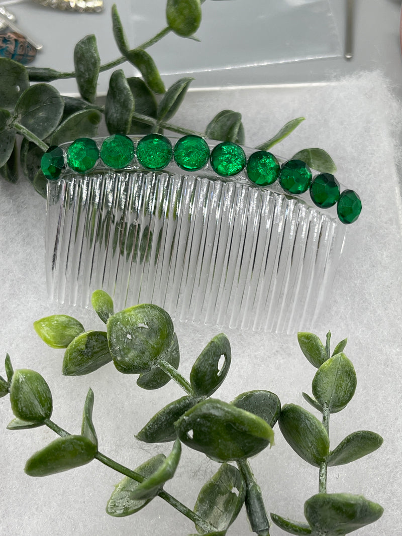 Green emerald faux crystal rhinestone side comb 3.5” clear  plastic hair accessory bridal wedding Retro Bridal Party Prom Birthday gifts